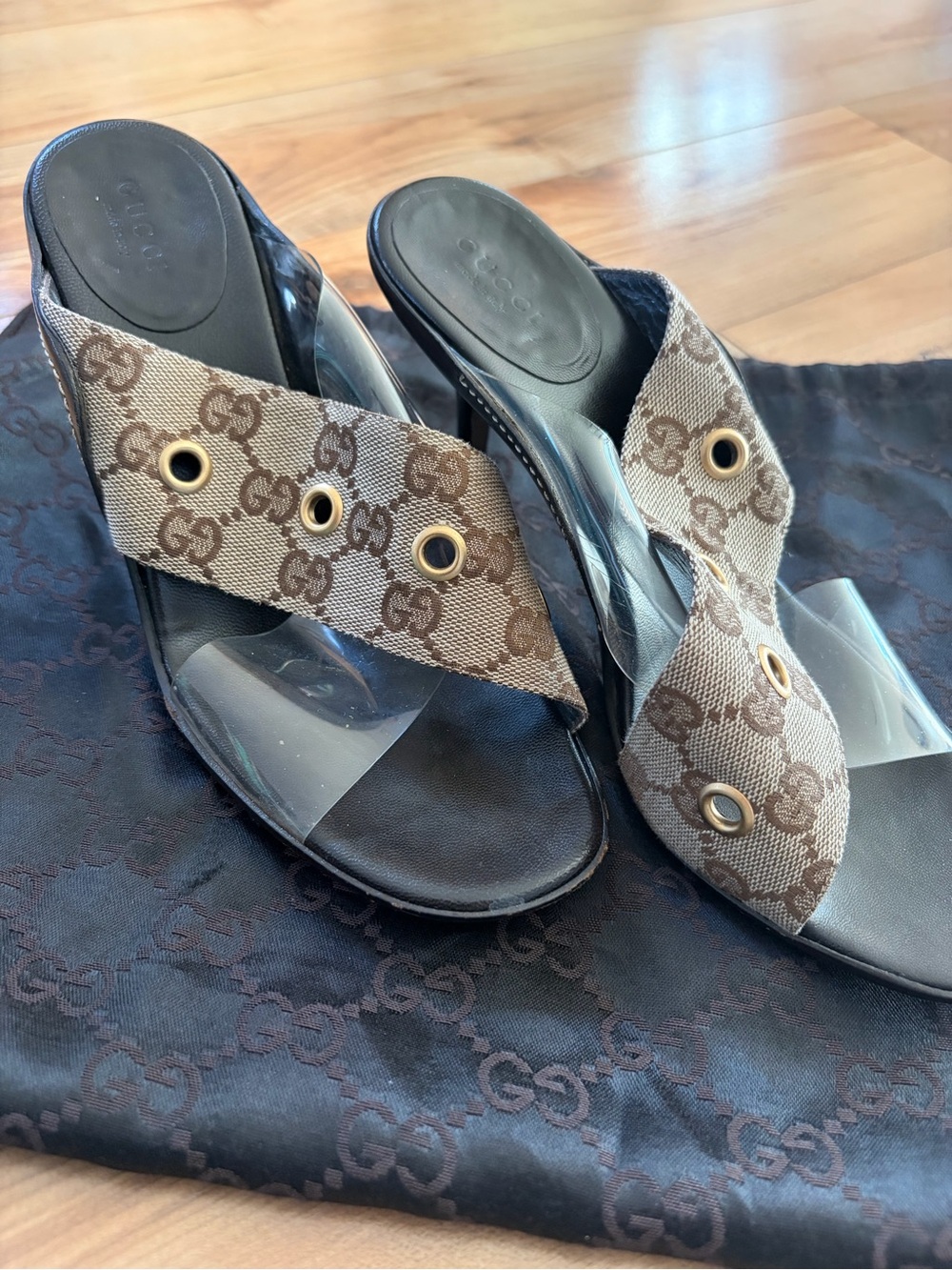 Gucci Vintage 2000s supreme cross strap Monogram heels